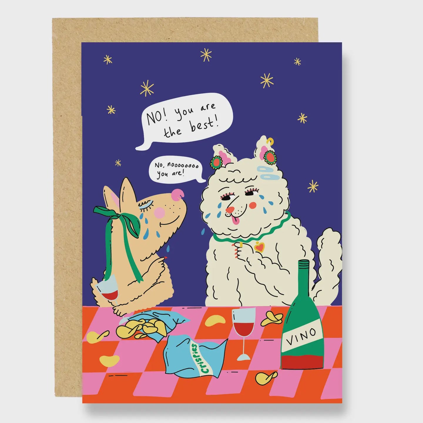 Greeting Card with bright and colourful illustration with a picnic and wine. Cat and dog illustration. Love and friendship card.
