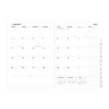 A two-page spread of a minimalist 2027 weekly planner calendar, showing January on the left and the weekly layout for the rest of the year on the right, on a plain white background.