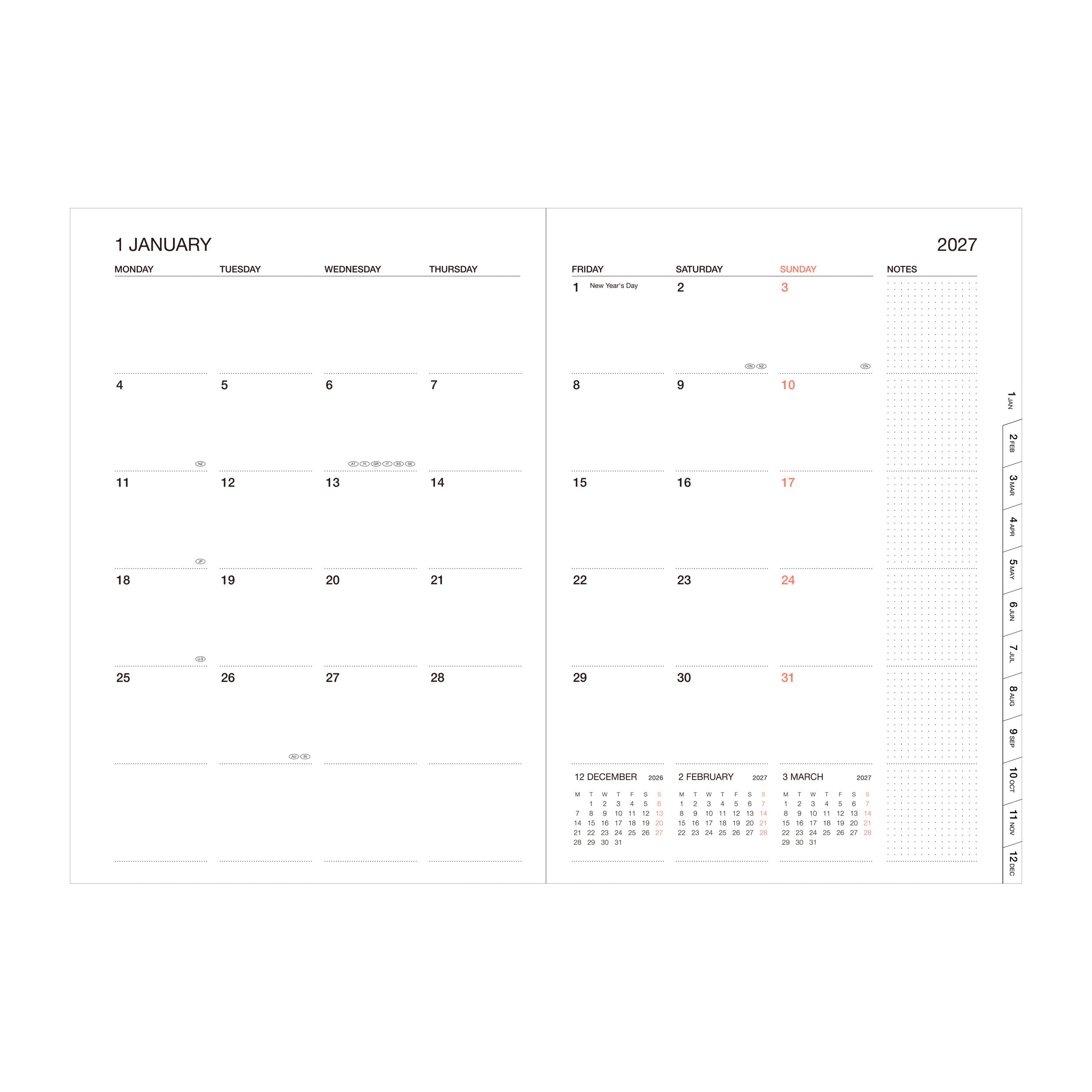 A two-page spread of a minimalist 2027 weekly planner calendar, showing January on the left and the weekly layout for the rest of the year on the right, on a plain white background.