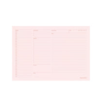 Pink planner insert with columns and text on a white background