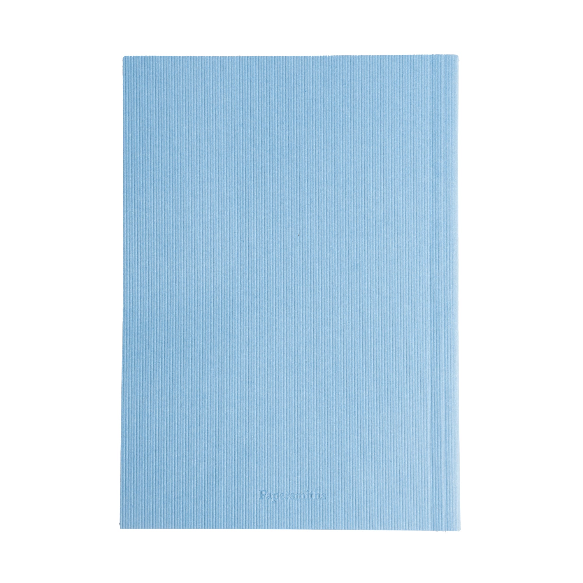 A light blue ribbed notebook or journal with a small debossed logo at the bottom, shown flat against a solid white background.