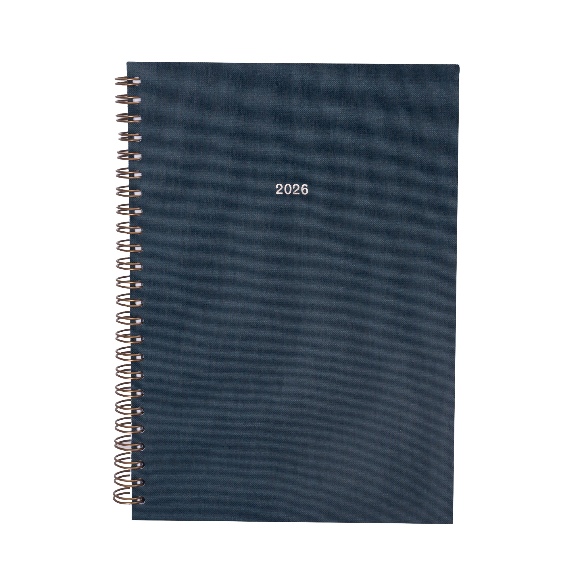 Navy blue planner with '2026' printed on it, featuring a gold spiral binding.