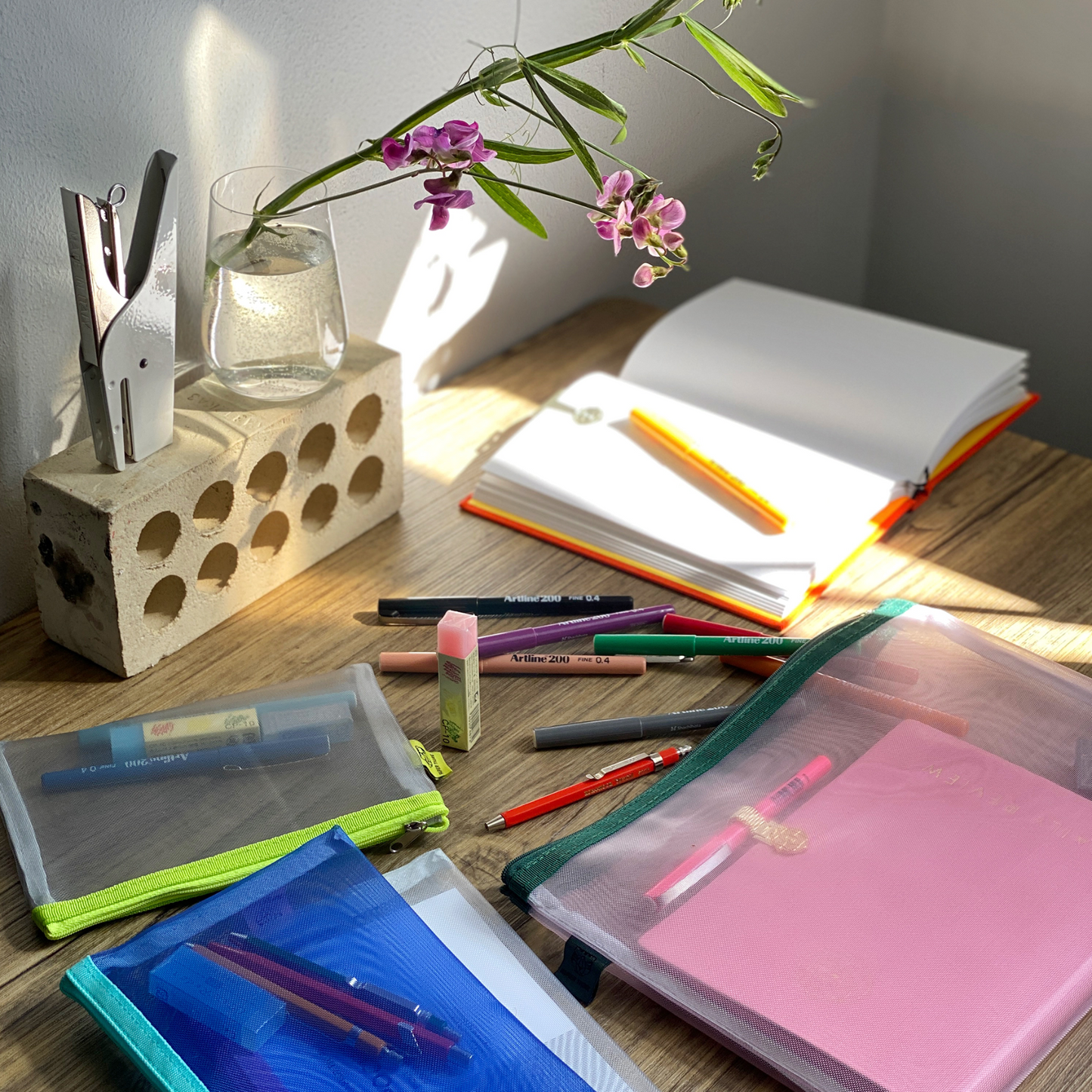 stationery pencil cases on desk